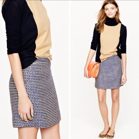 J. CREW Mini Skirt Navy Blue Gold Metallic Tweed Fall Winter Silk Size XS 2 - Picture 2 of 8